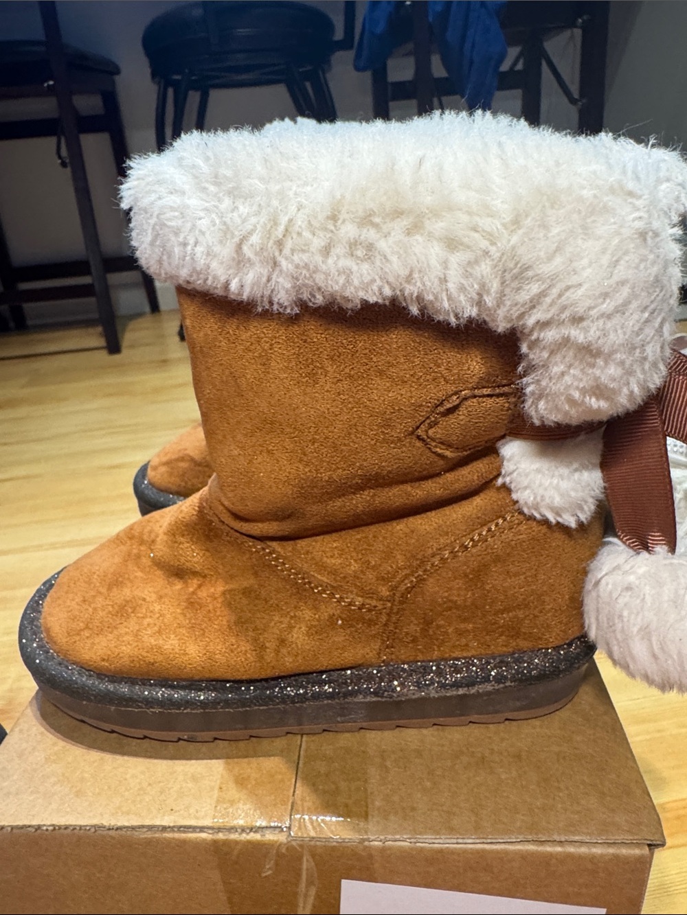 Sugar Kids Tan Suede Boots with Cream Faux Fur Cuff - Picture 2 of 4